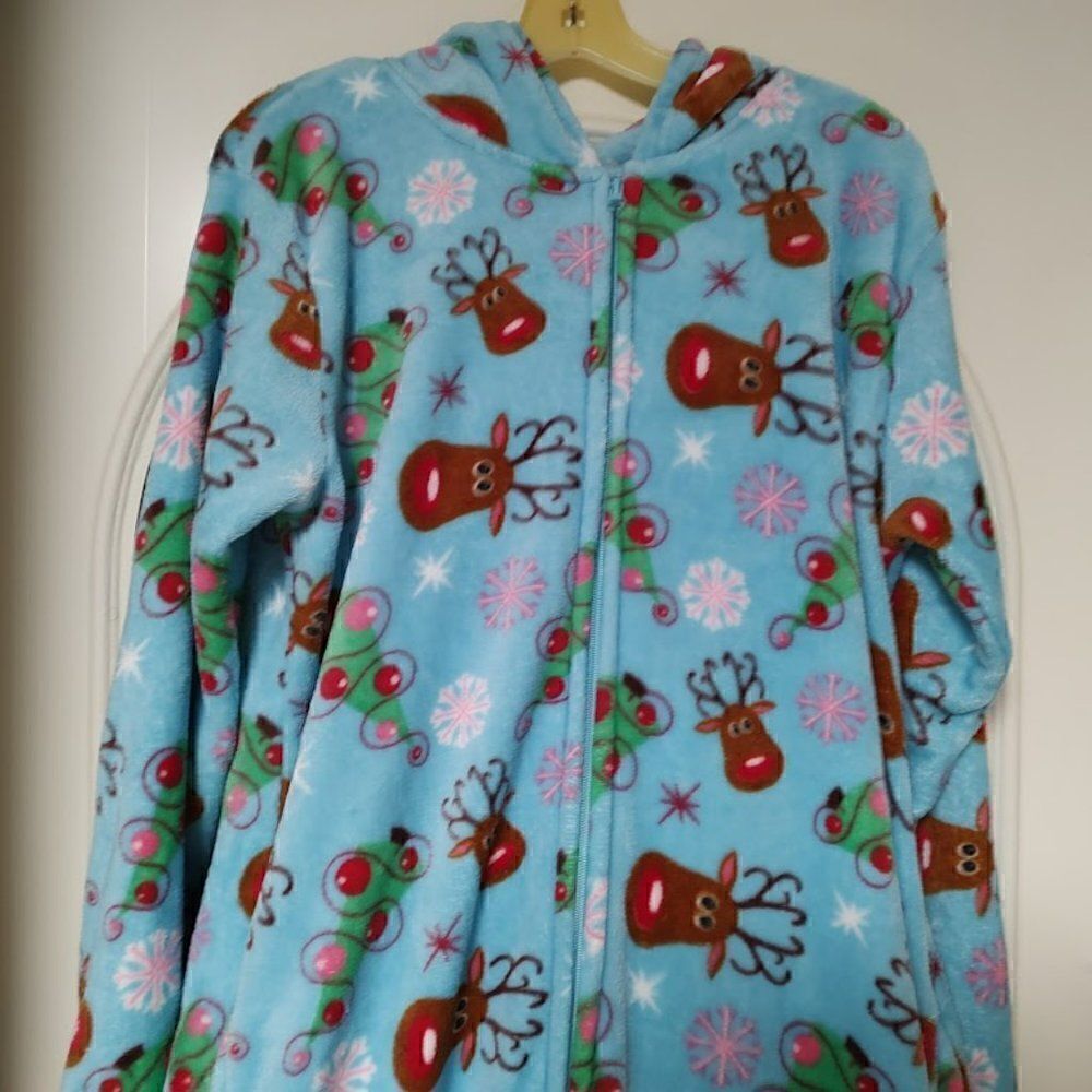 Body Candy Blue With Reindeer Soft Fleece Hooded One piece Sleepwear Women's L - Picture 2 of 3